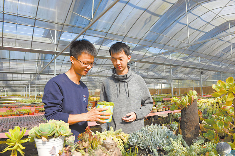 曾伟彬（左）带游客逛多肉园.jpg